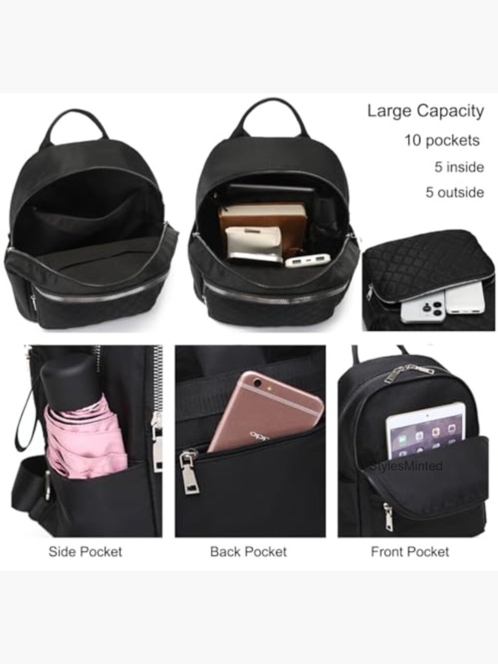 Women's Nylon Travel Backpack, Large Daypack with Multiple Pockets - Picture 4 of 7